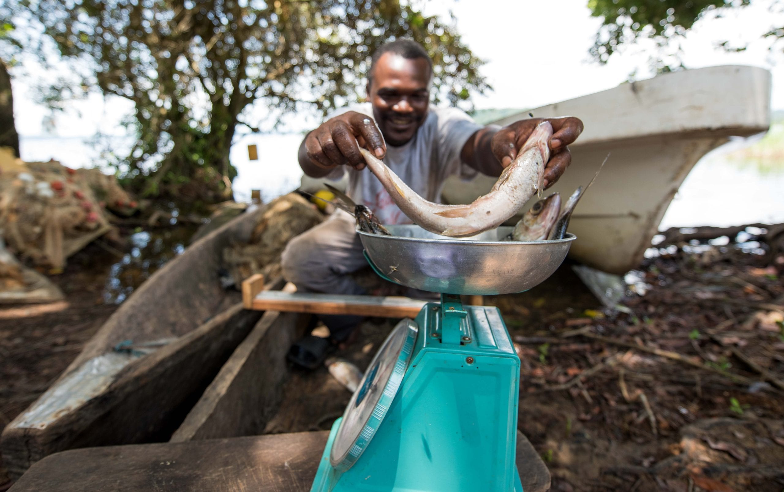 Martial Angoue, member of Sustainable Fishing Coop Amven, collects data on fish catch (photo credit Roshni Lodhia)